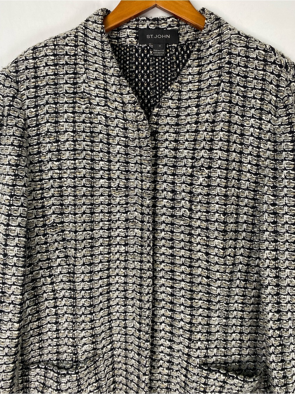 St. John Knits Tweed Zip Blazer Size 16 Pocket in Black/Silver/Taupe/Cream - Picture 2 of 6